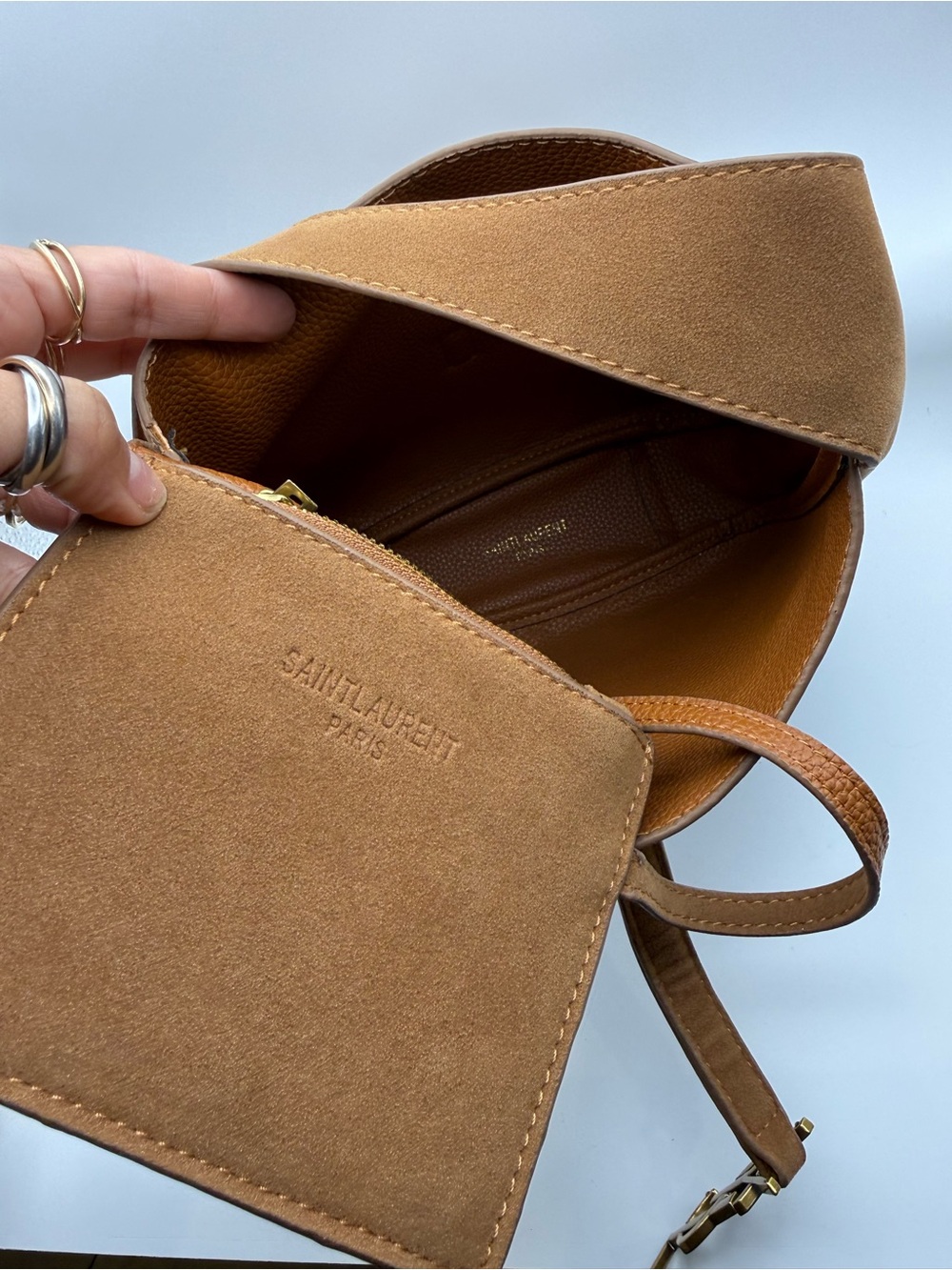 Designer Inspired Brown Suede Shoulder Bag with Gold Logo - Picture 6 of 7